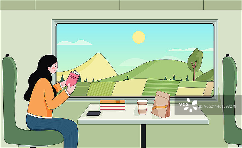 一个女生在车厢里看书插画图片素材