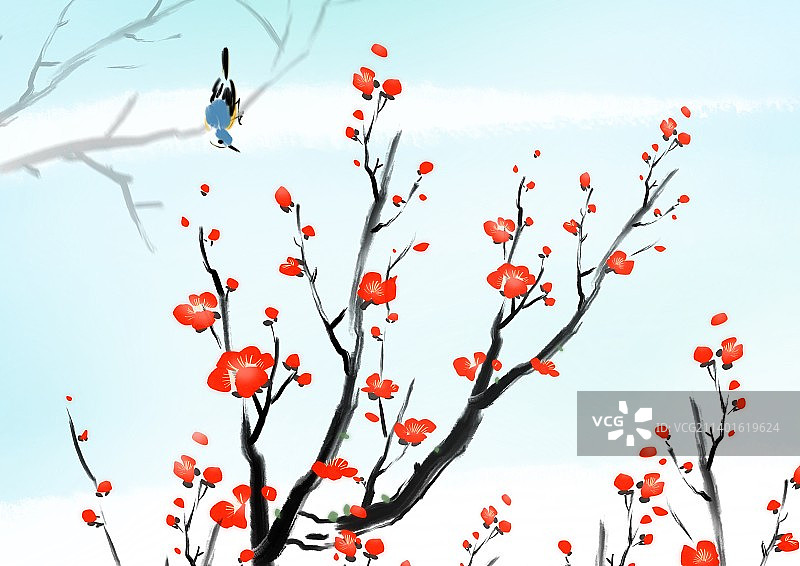 冬季梅花中国风古风水墨插画图片素材