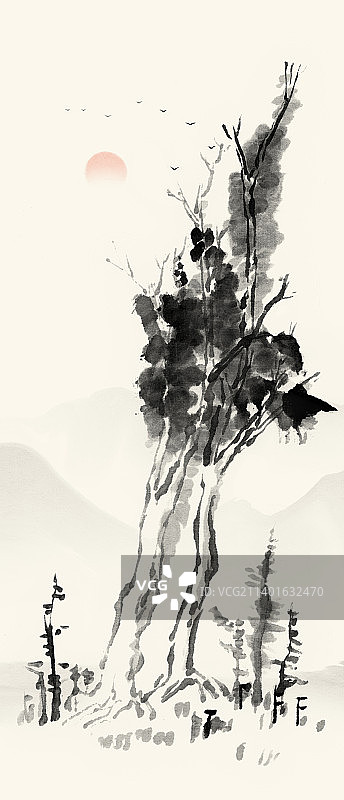 水墨山水两棵树的特写风景插画图片素材