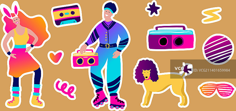 80年代复古音乐派对贴纸套装图片素材