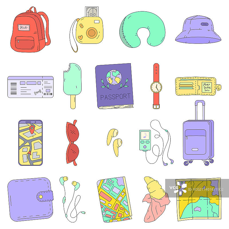 卡通风格旅游用品合集图片素材