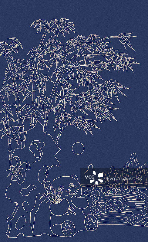 蓝金熊猫竹子图，新年春节喜庆庆祝中国风中国纹样设计地球日保护野生动物插画，国际珍稀动物保护日插画图片素材