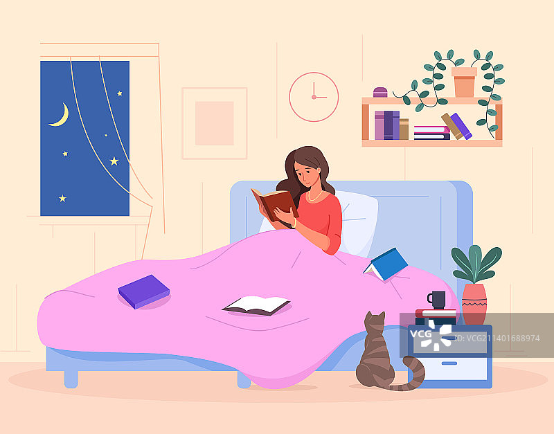 在床上阅读的漂亮女孩图片素材