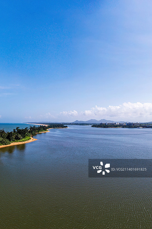 海南省琼海市博鳌镇万泉河入海口 玉带滩景区航拍图片素材