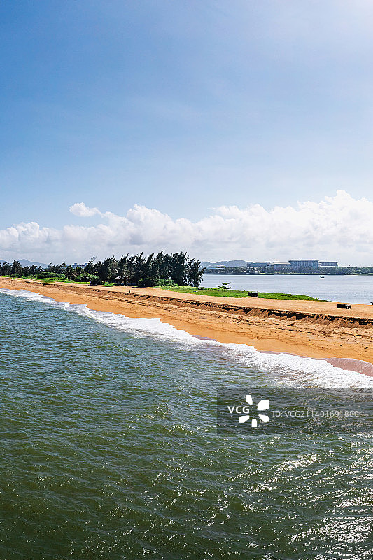 海南省琼海市博鳌镇万泉河入海口 玉带滩景区航拍图片素材