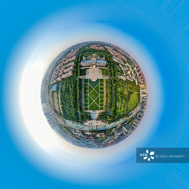 航拍河南郑州大学主校区五星广场球形全景图 高校校园风光图片素材
