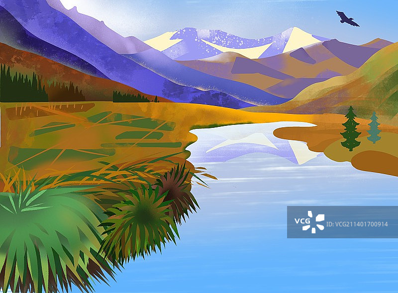 扁平秋日风景远山．树．草地．河水图片素材