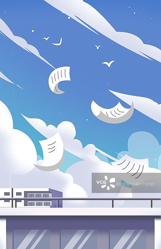 青春校园楼顶唯美插画图片素材