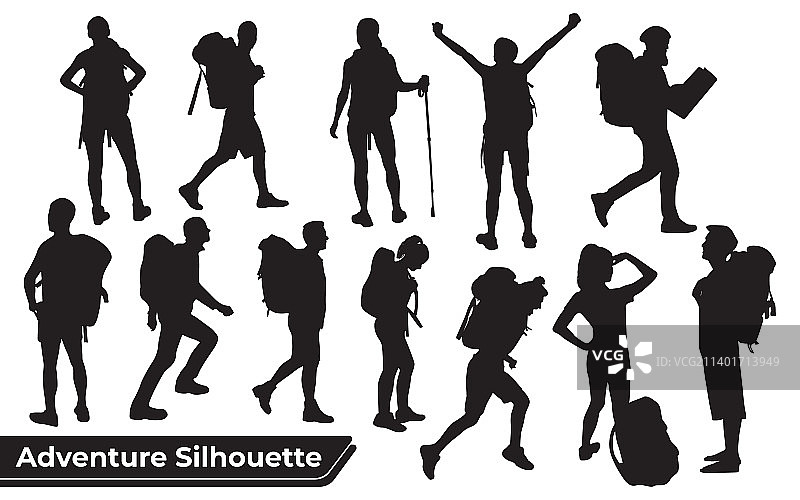 山间徒步旅行者剪影合集图片素材