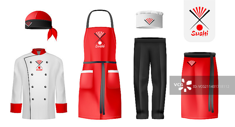 逼真的烹饪服装寿司图标集图片素材