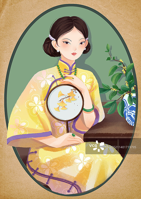 民国风旗袍团扇女人图片素材