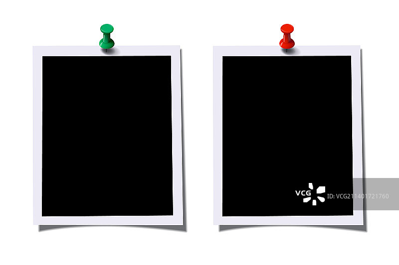 带有绿、红色图钉的照片相框图片素材