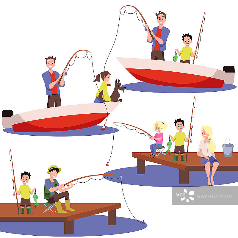 亲子一起钓鱼扁平插画图片素材