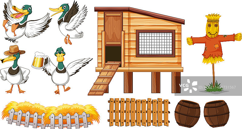含野鸭卡通形象的农场物品图片素材