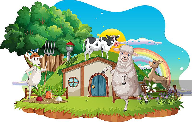 白色背景上的霍比特人小屋与农场动物图片素材