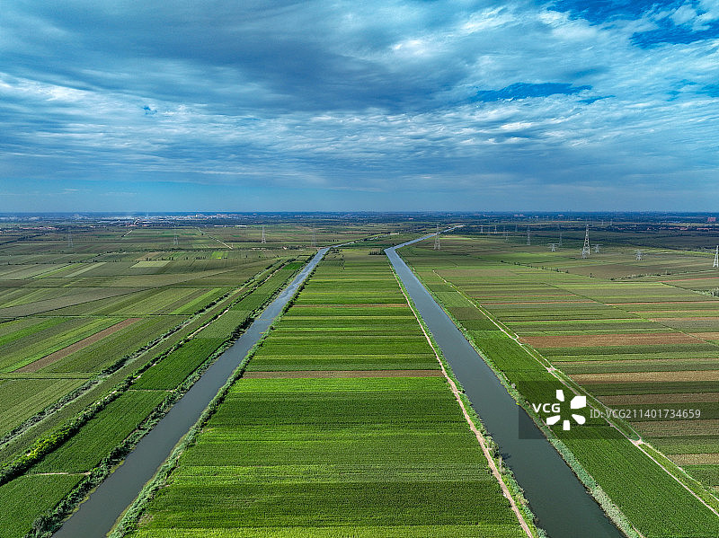 航拍视角下的华北平原的庄稼与水渠图片素材
