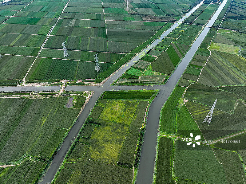 航拍视角下的华北平原的庄稼与水渠图片素材