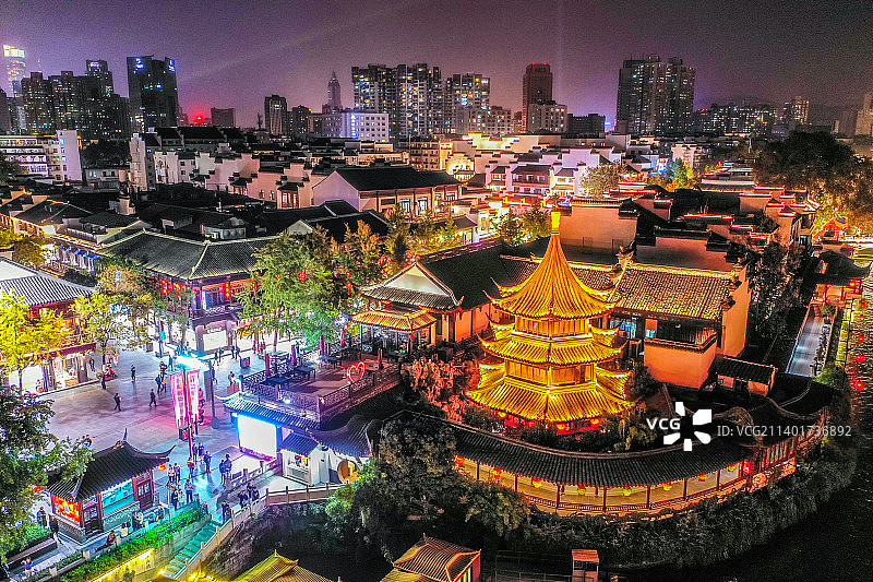 航拍江苏南京夫子庙秦淮河风光带夜景 魁星阁图片素材