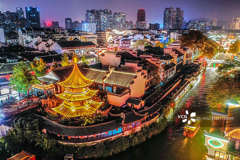 航拍江苏南京夫子庙秦淮河风光带夜景 魁星阁图片素材