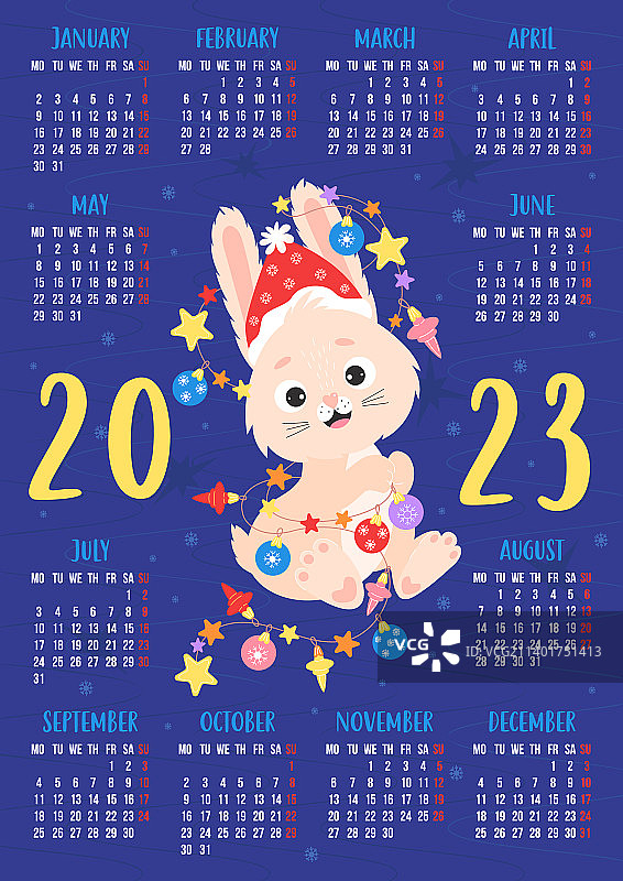 带可爱兔子和花环的2023年日历图片素材