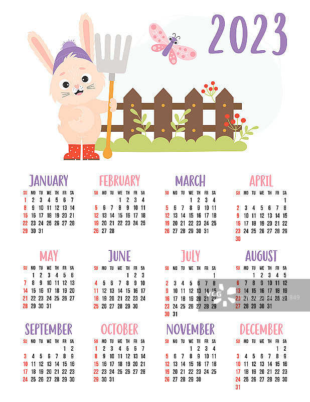2023年可爱兔子农民日历图片素材