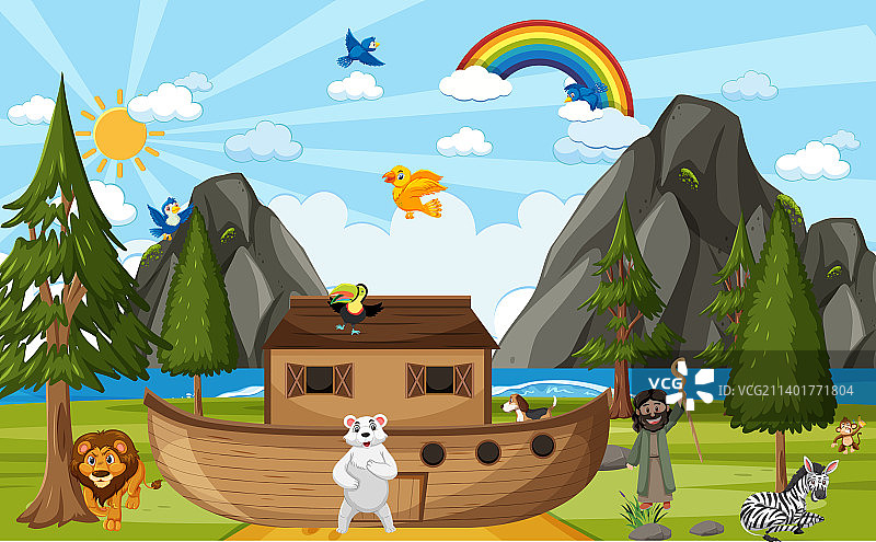 自然场景中的诺亚方舟与野生动物图片素材