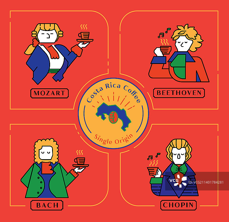 哥斯达黎加咖啡音乐家系列彩色线条标志图片素材