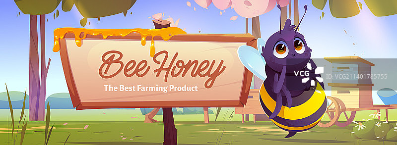 木制标牌旁有可爱蜜蜂的banner图片素材