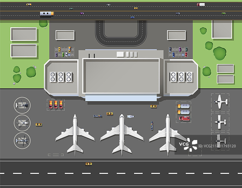 机场航站楼顶视图卡通机库跑道图片素材