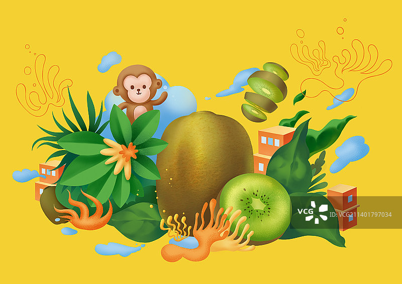 自然风景水果田园猕猴桃小猴子包装插画图片素材