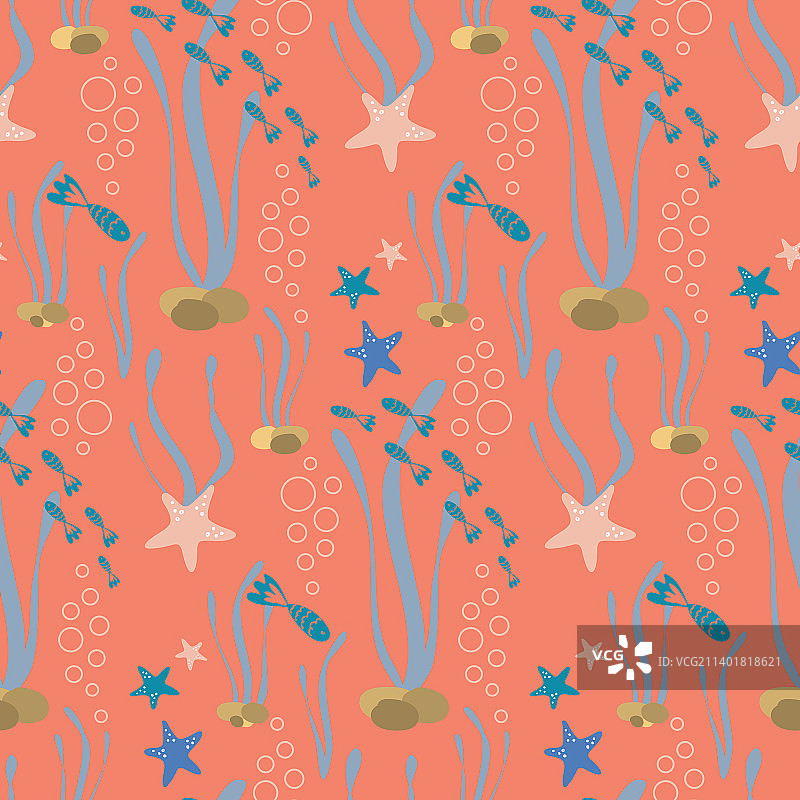 带鱼和海星的粉彩无缝图案图片素材