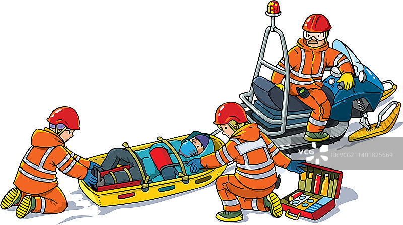 救援雪地摩托和救援雪橇卡通图片素材