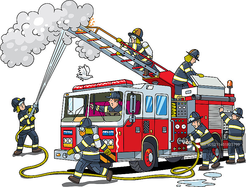 消防员在消防车旁灭火图片素材
