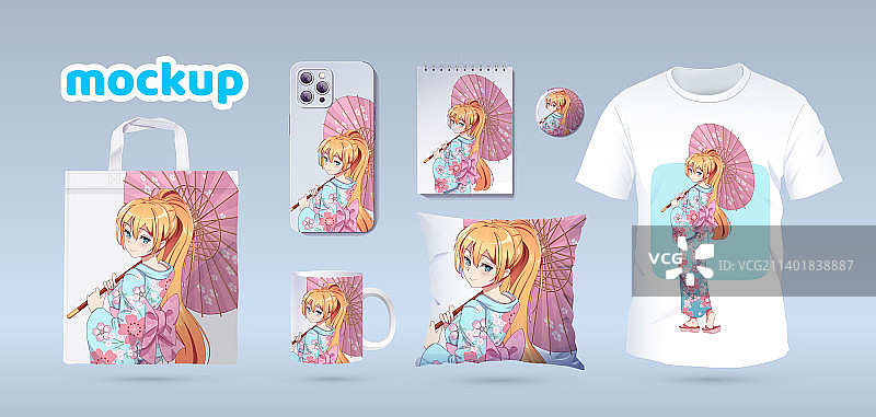 穿和服的动漫女孩，T恤图案图片素材