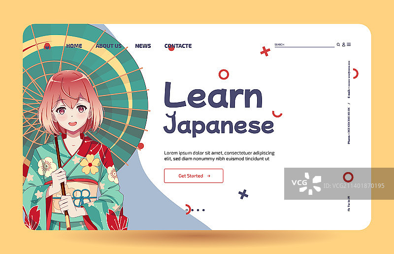 和服动漫女孩着陆页模板图片素材