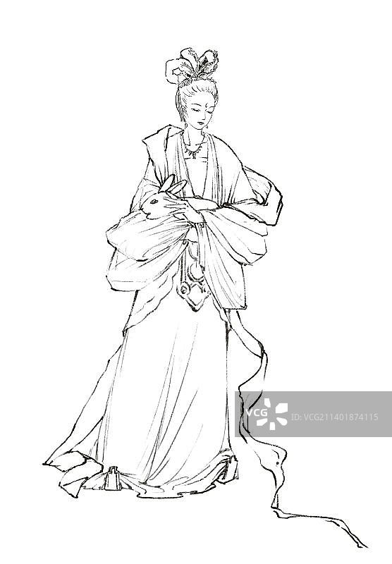 抱着玉兔的嫦娥仙子线稿图片素材
