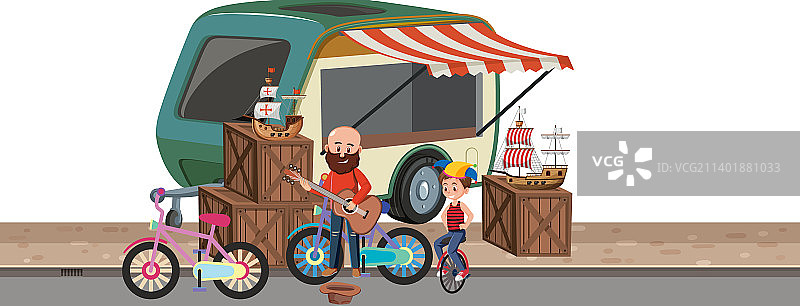 在庭院旧货出售时弹吉他的男人图片素材