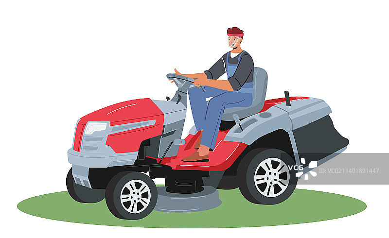 男人驾驶割草机修剪草坪图片素材