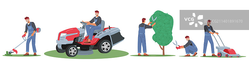 工人修剪草坪和花园植物图片素材