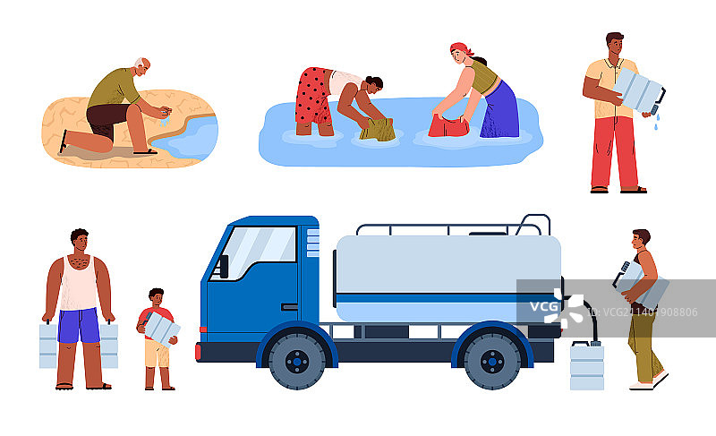 水资源短缺：人们用桨取水饮用图片素材