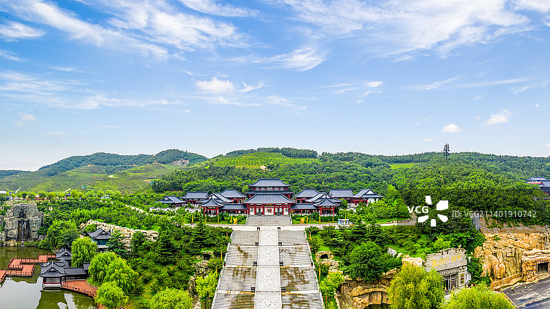 山东省威海市华夏城旅游风景区禹王宫太平禅寺夏园航拍全景图图片素材