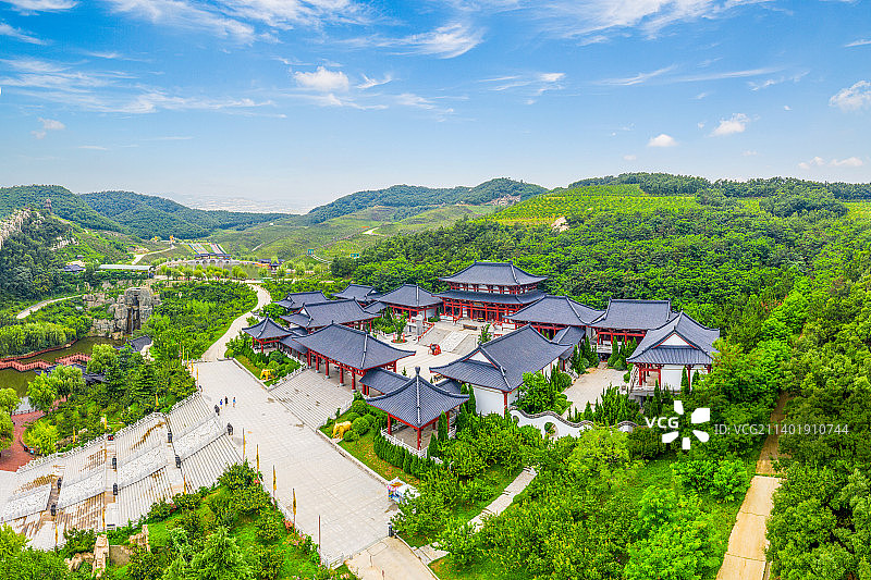 山东省威海市华夏城旅游风景区禹王宫太平禅寺夏园航拍全景图图片素材