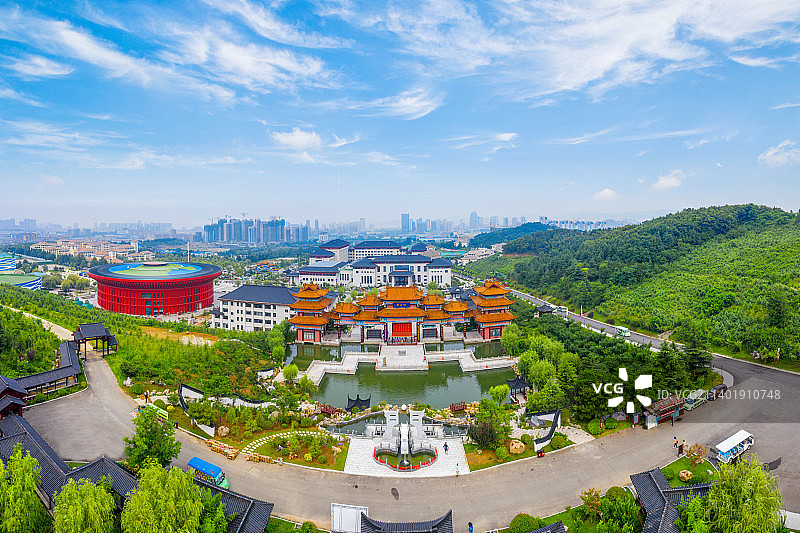 山东省威海市华夏城旅游风景区禹王宫太平禅寺夏园航拍全景图图片素材