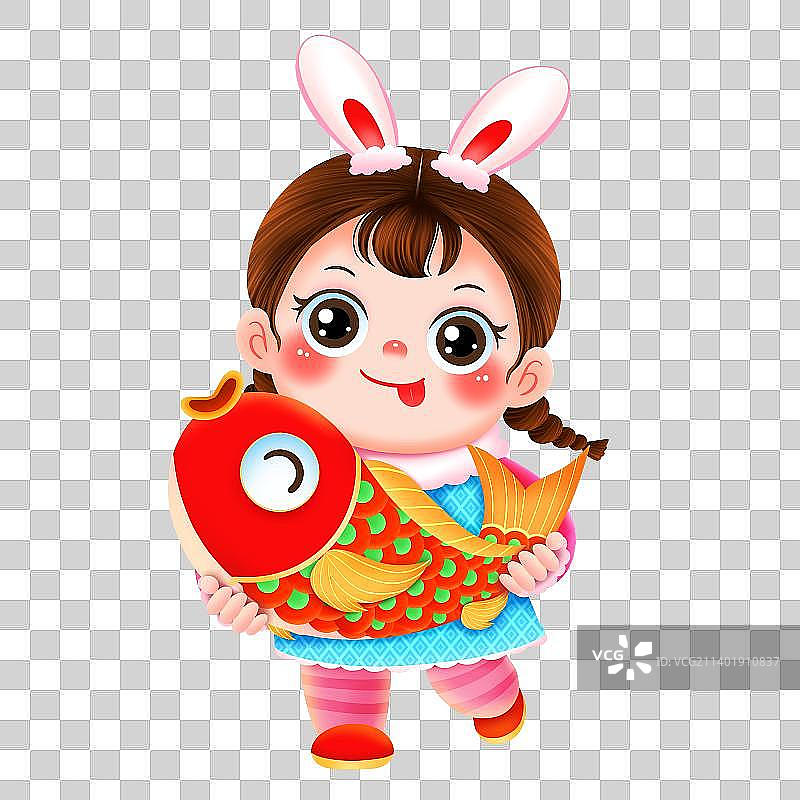 新年春节抱鱼的福娃女孩图片素材