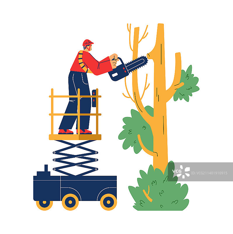 在高空作业平台上用油锯锯树的男人图片素材