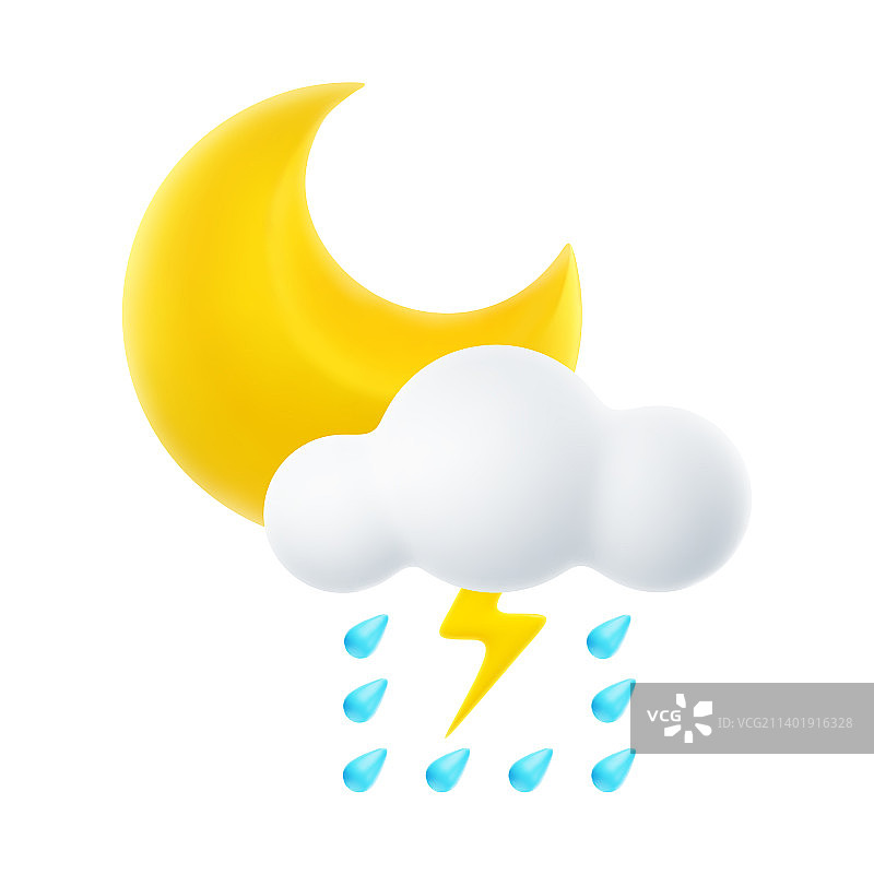 夜间倾盆大雨的3D卡通天气图标图片素材
