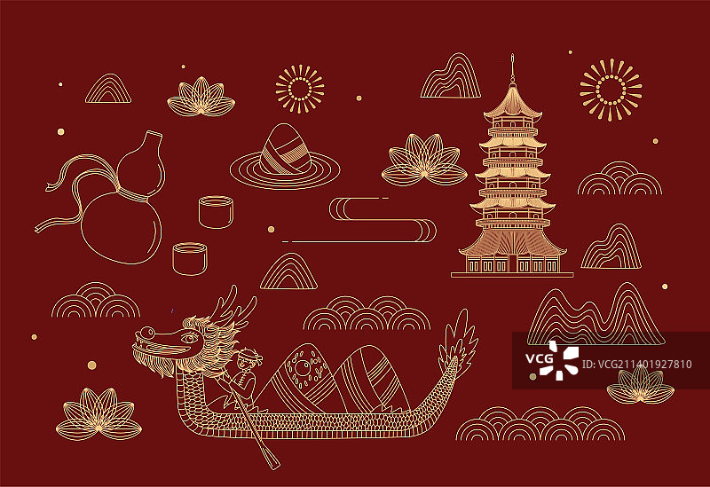 端午节粽子赛龙舟新中式线描矢量插画海报图片素材