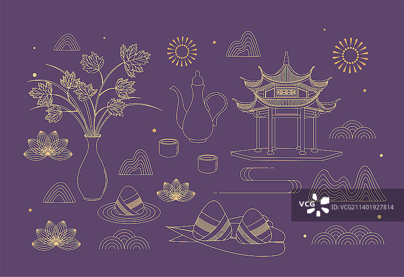 端午节粽子赛龙舟新中式线描矢量插画海报图片素材