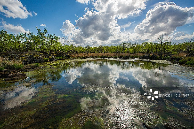 龙门石寨,著名景点,自然美,旅行,旅游,旅游目的地,植物,风景,景观,石头,五大连池,景区,龙门山,雄伟,壮观,石块,石寨,河流,小溪,水面,倒影，地质公园,历史,古老,开阔,传统文化,中国文化,中国,黑龙江,黑河,图像,户外,风光,无人图片素材