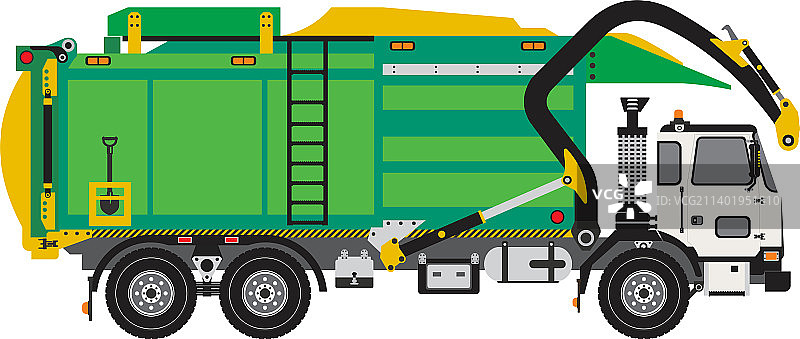 绿黄白三色驾驶室的垃圾车图片素材